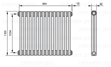 Схема (чертеж) Радиатор Zehnder Charleston 2110/14 №1270 Белый глянцевый RAL 9016